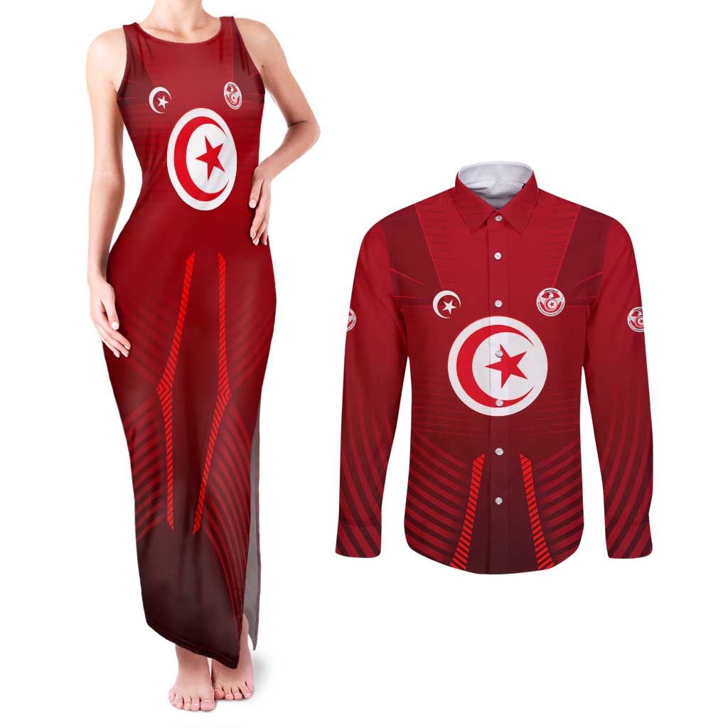 Tunisia National Flag Couples Matching Tank Maxi Dress and Long Sleeve Button Shirt with Crescent Star Emblem and Red Sport Design