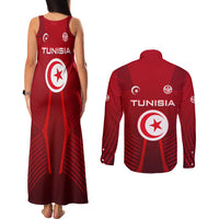 Tunisia National Flag Couples Matching Tank Maxi Dress and Long Sleeve Button Shirt with Crescent Star Emblem and Red Sport Design