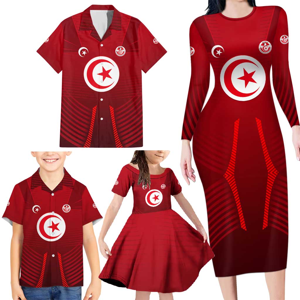 Tunisia National Flag Family Matching Long Sleeve Bodycon Dress and Hawaiian Shirt with Crescent Star Emblem and Red Sport Design