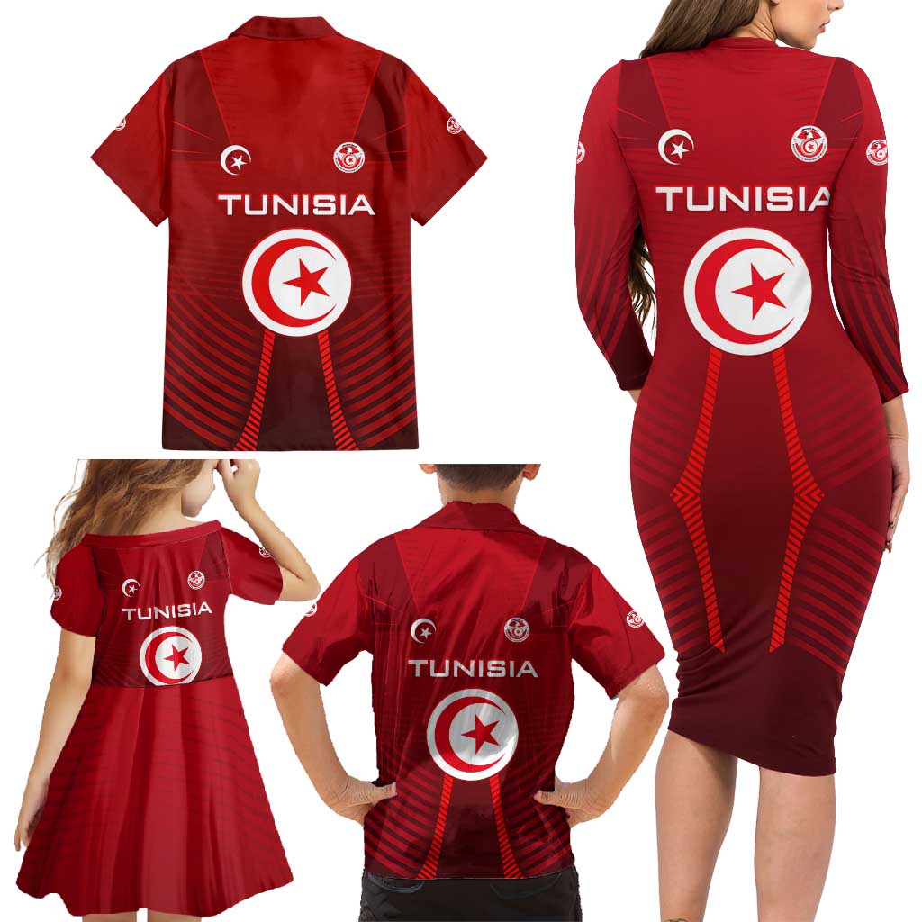 Tunisia National Flag Family Matching Long Sleeve Bodycon Dress and Hawaiian Shirt with Crescent Star Emblem and Red Sport Design