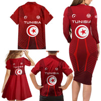 Tunisia National Flag Family Matching Long Sleeve Bodycon Dress and Hawaiian Shirt with Crescent Star Emblem and Red Sport Design