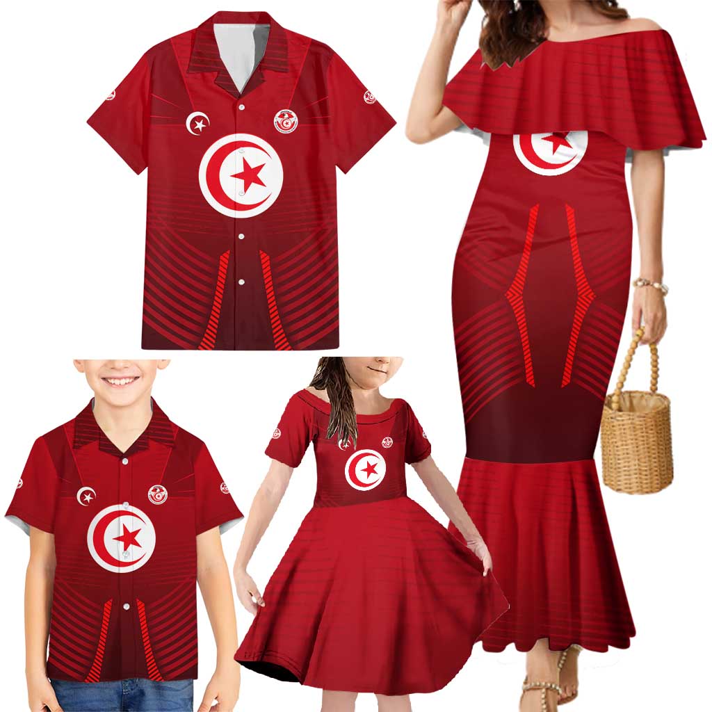 Tunisia National Flag Family Matching Mermaid Dress and Hawaiian Shirt with Crescent Star Emblem and Red Sport Design