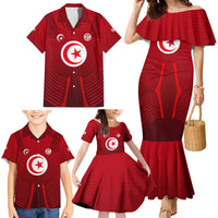 Tunisia National Flag Family Matching Mermaid Dress and Hawaiian Shirt with Crescent Star Emblem and Red Sport Design