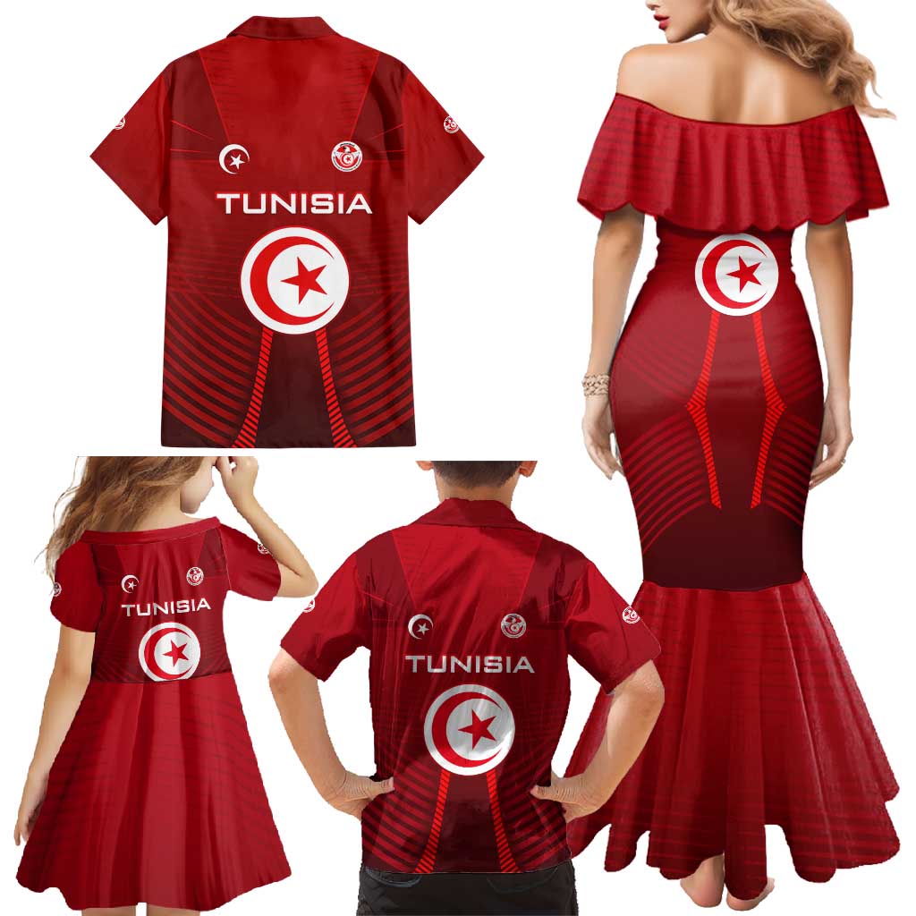 Tunisia National Flag Family Matching Mermaid Dress and Hawaiian Shirt with Crescent Star Emblem and Red Sport Design