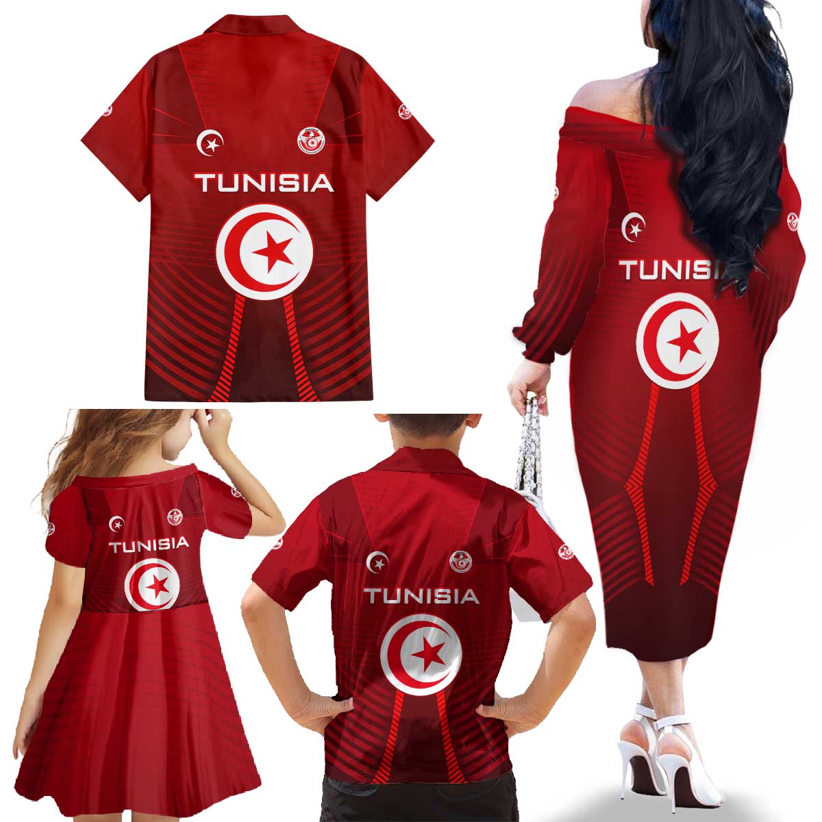 Tunisia National Flag Family Matching Off The Shoulder Long Sleeve Dress and Hawaiian Shirt with Crescent Star Emblem and Red Sport Design