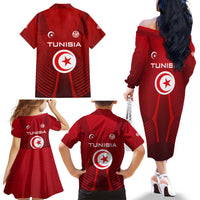 Tunisia National Flag Family Matching Off The Shoulder Long Sleeve Dress and Hawaiian Shirt with Crescent Star Emblem and Red Sport Design