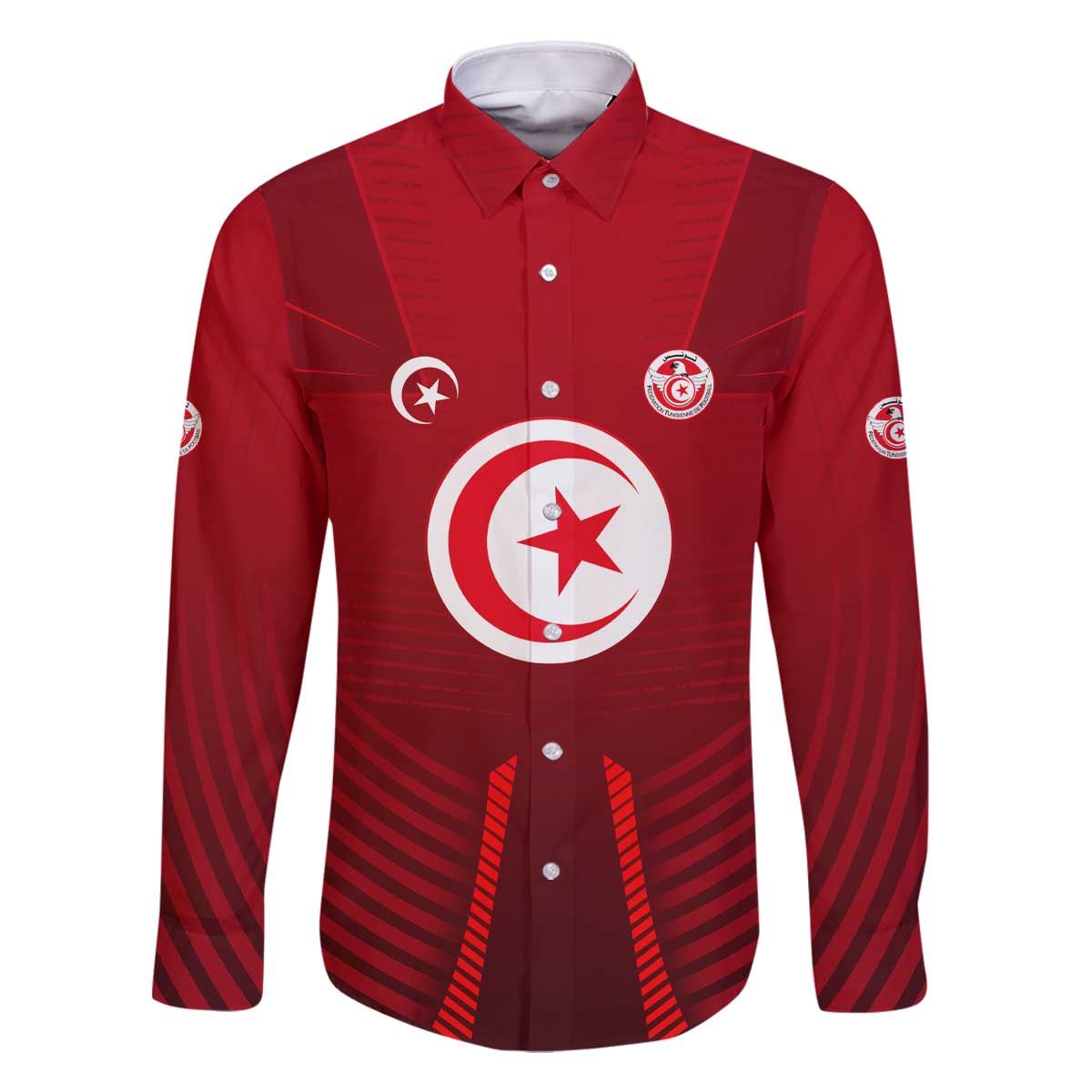 Tunisia National Flag Family Matching Off The Shoulder Long Sleeve Dress and Hawaiian Shirt with Crescent Star Emblem and Red Sport Design
