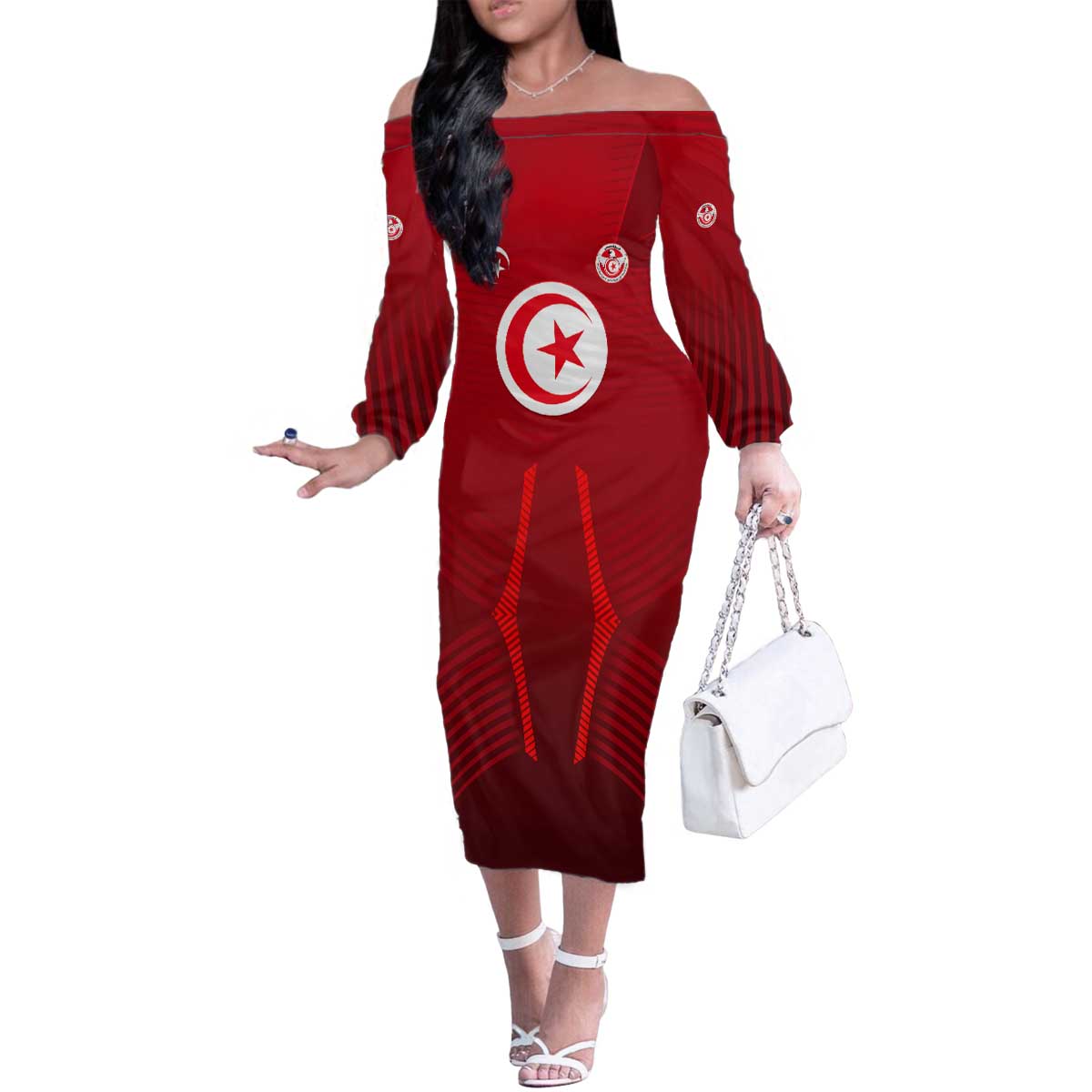 Tunisia National Flag Family Matching Off The Shoulder Long Sleeve Dress and Hawaiian Shirt with Crescent Star Emblem and Red Sport Design