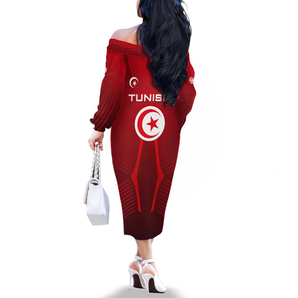 Tunisia National Flag Family Matching Off The Shoulder Long Sleeve Dress and Hawaiian Shirt with Crescent Star Emblem and Red Sport Design