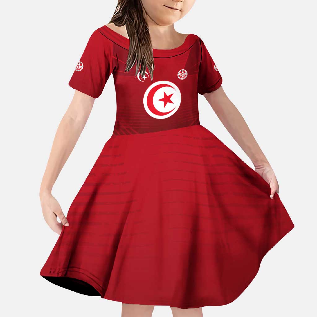 Tunisia National Flag Family Matching Off Shoulder Maxi Dress and Hawaiian Shirt with Crescent Star Emblem and Red Sport Design