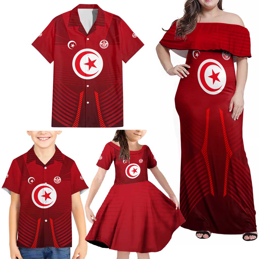 Tunisia National Flag Family Matching Off Shoulder Maxi Dress and Hawaiian Shirt with Crescent Star Emblem and Red Sport Design