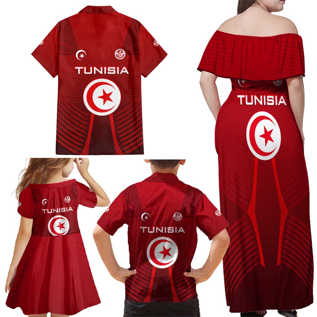 Tunisia National Flag Family Matching Off Shoulder Maxi Dress and Hawaiian Shirt with Crescent Star Emblem and Red Sport Design