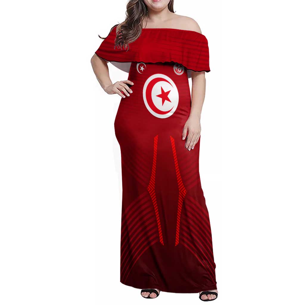 Tunisia National Flag Family Matching Off Shoulder Maxi Dress and Hawaiian Shirt with Crescent Star Emblem and Red Sport Design