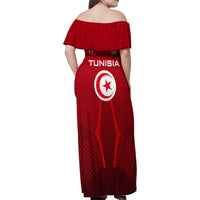 Tunisia National Flag Family Matching Off Shoulder Maxi Dress and Hawaiian Shirt with Crescent Star Emblem and Red Sport Design