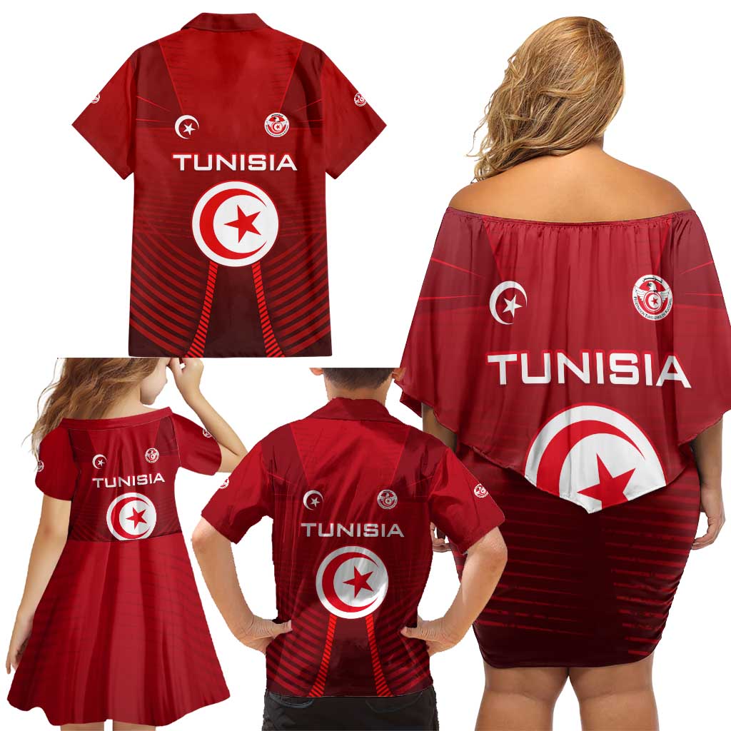 Tunisia National Flag Family Matching Off Shoulder Short Dress and Hawaiian Shirt with Crescent Star Emblem and Red Sport Design