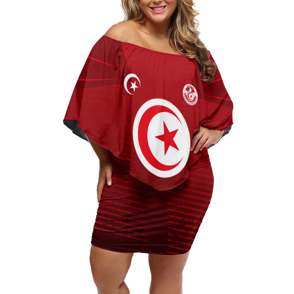 Tunisia National Flag Family Matching Off Shoulder Short Dress and Hawaiian Shirt with Crescent Star Emblem and Red Sport Design