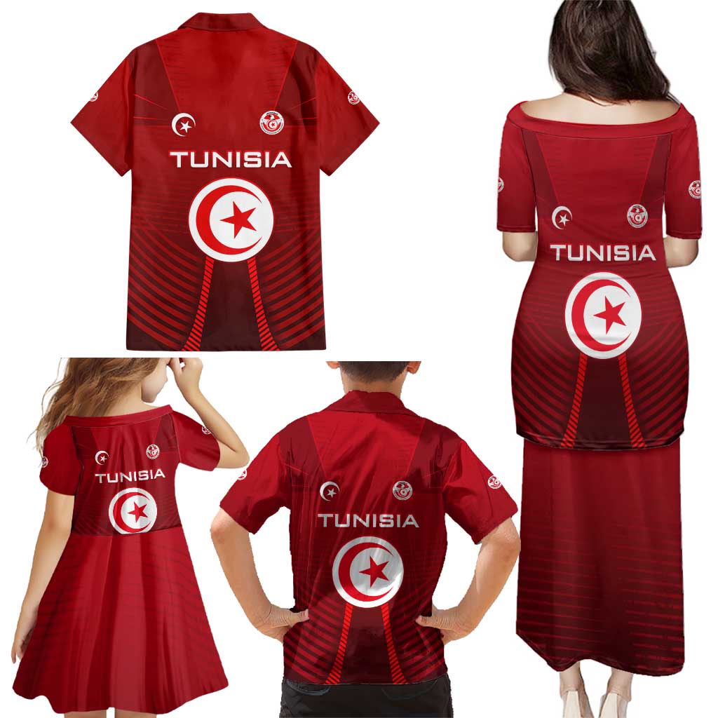 Tunisia National Flag Family Matching Puletasi and Hawaiian Shirt with Crescent Star Emblem and Red Sport Design