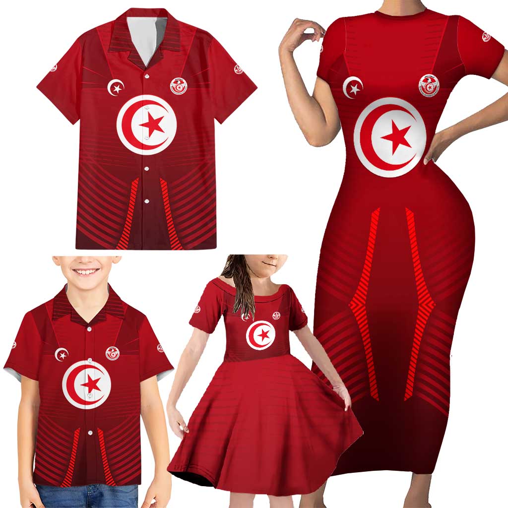 Tunisia National Flag Family Matching Short Sleeve Bodycon Dress and Hawaiian Shirt with Crescent Star Emblem and Red Sport Design