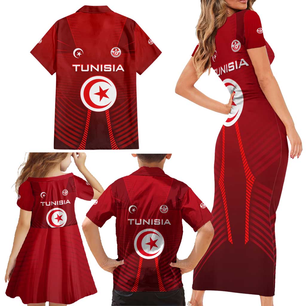 Tunisia National Flag Family Matching Short Sleeve Bodycon Dress and Hawaiian Shirt with Crescent Star Emblem and Red Sport Design