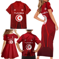 Tunisia National Flag Family Matching Short Sleeve Bodycon Dress and Hawaiian Shirt with Crescent Star Emblem and Red Sport Design