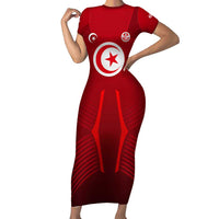 Tunisia National Flag Family Matching Short Sleeve Bodycon Dress and Hawaiian Shirt with Crescent Star Emblem and Red Sport Design