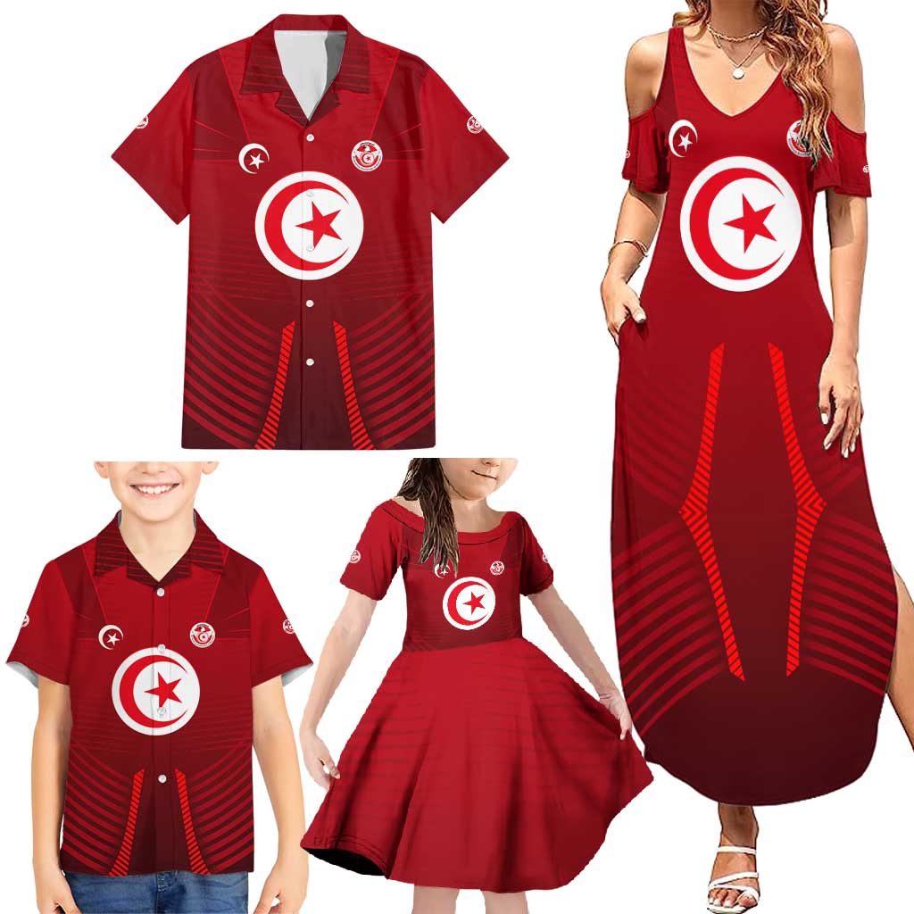 Tunisia National Flag Family Matching Summer Maxi Dress and Hawaiian Shirt with Crescent Star Emblem and Red Sport Design