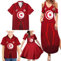 Tunisia National Flag Family Matching Summer Maxi Dress and Hawaiian Shirt with Crescent Star Emblem and Red Sport Design