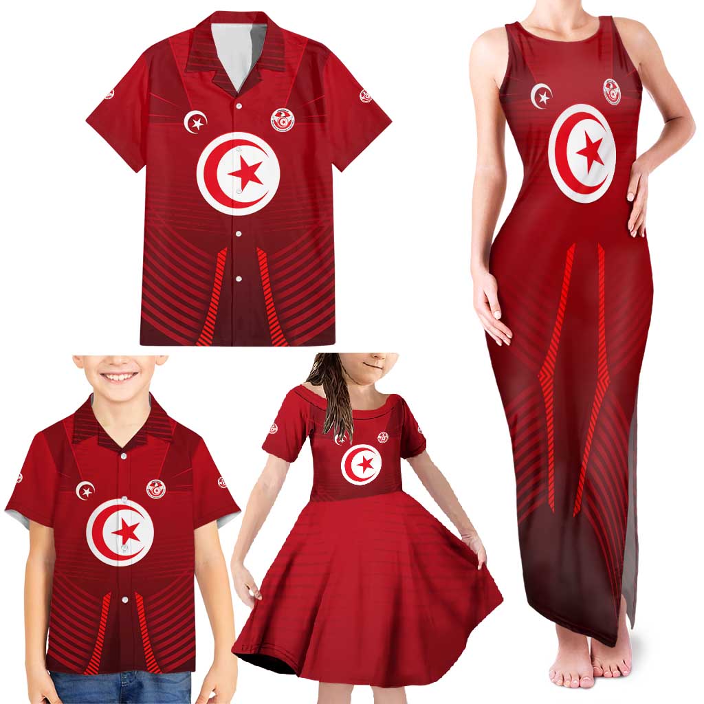Tunisia National Flag Family Matching Tank Maxi Dress and Hawaiian Shirt with Crescent Star Emblem and Red Sport Design