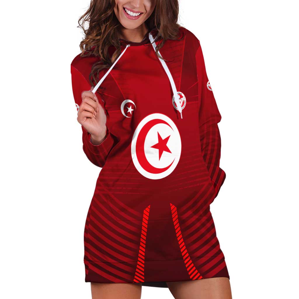 Tunisia National Flag Hoodie Dress with Crescent Star Emblem and Red Sport Design