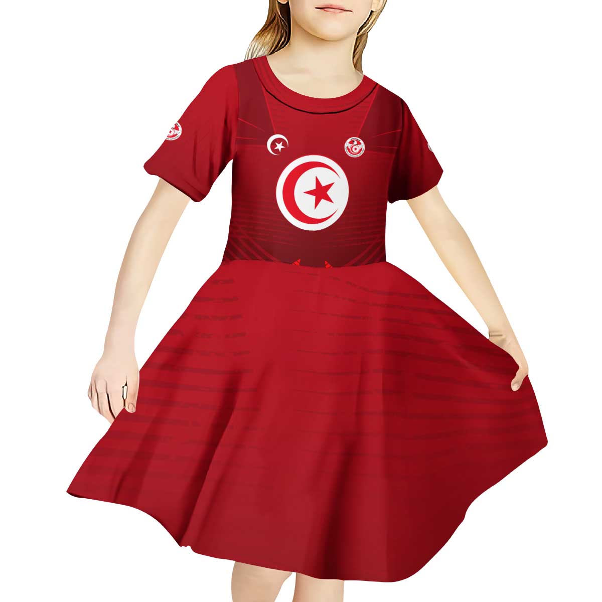 Tunisia National Flag Kid Short Sleeve Dress with Crescent Star Emblem and Red Sport Design