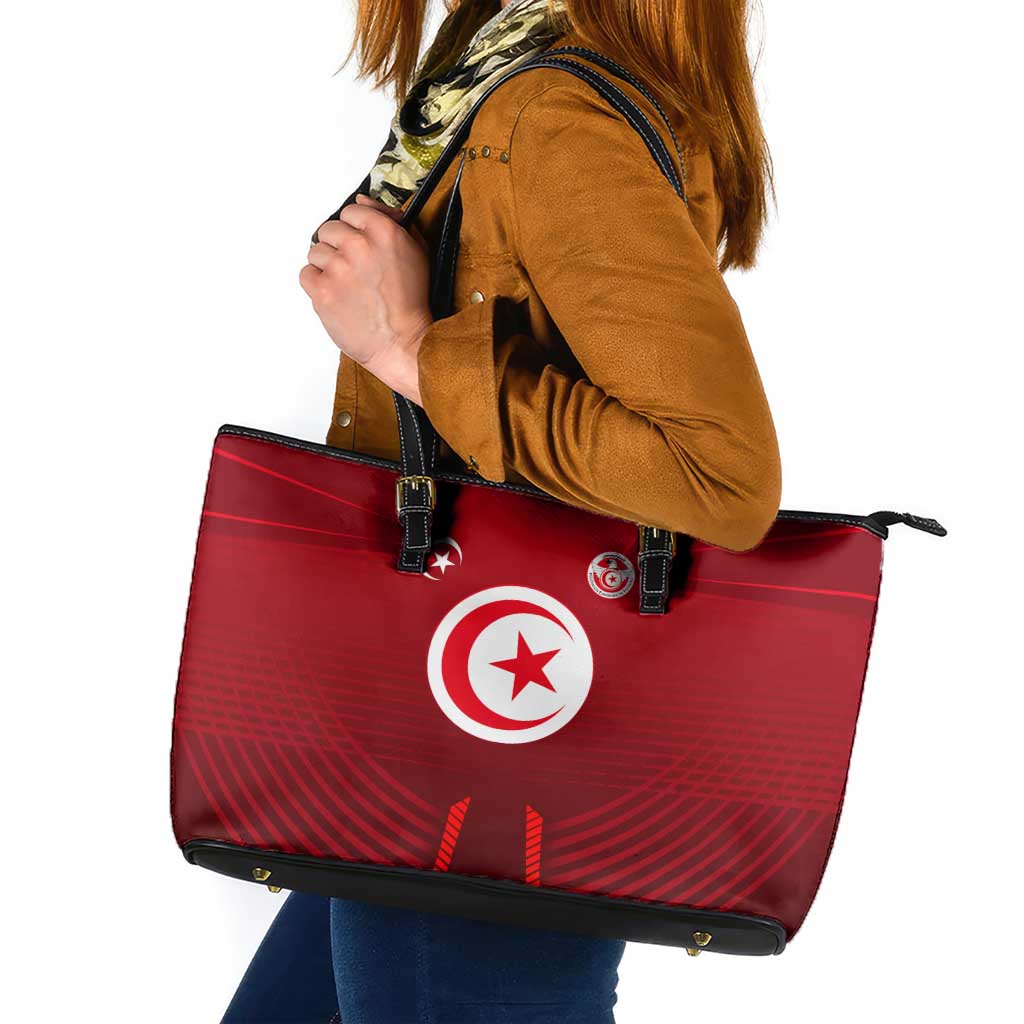 Tunisia National Flag Leather Tote Bag with Crescent Star Emblem and Red Sport Design