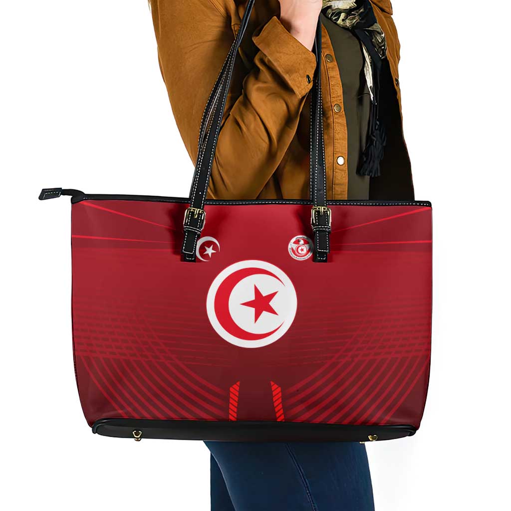 Tunisia National Flag Leather Tote Bag with Crescent Star Emblem and Red Sport Design