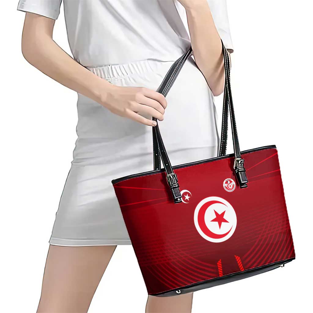 Tunisia National Flag Leather Tote Bag with Crescent Star Emblem and Red Sport Design