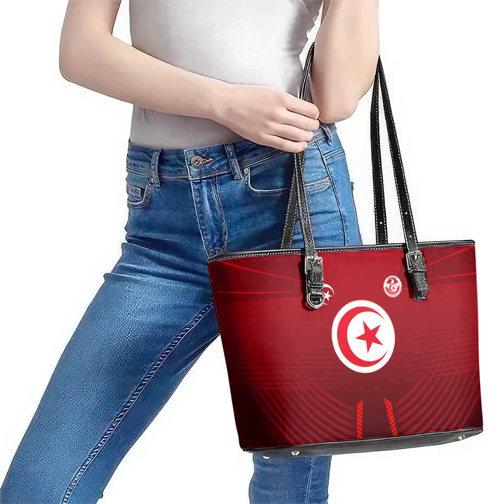 Tunisia National Flag Leather Tote Bag with Crescent Star Emblem and Red Sport Design