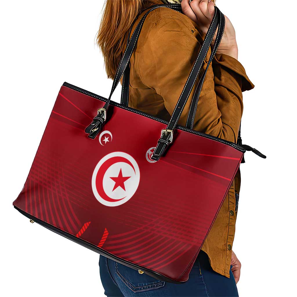 Tunisia National Flag Leather Tote Bag with Crescent Star Emblem and Red Sport Design