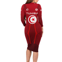 Tunisia National Flag Long Sleeve Bodycon Dress with Crescent Star Emblem and Red Sport Design