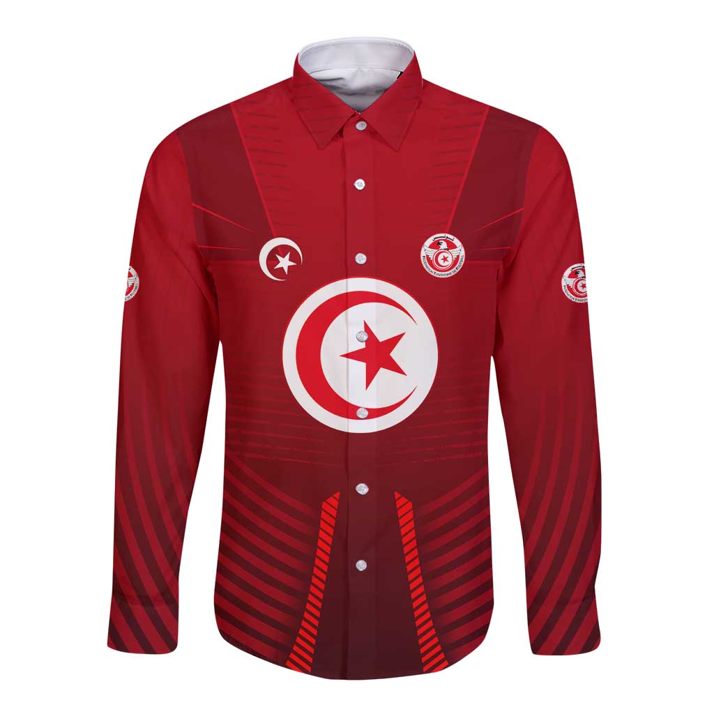 Tunisia National Flag Long Sleeve Button Shirt with Crescent Star Emblem and Red Sport Design