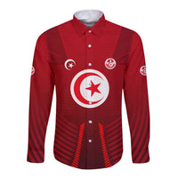 Tunisia National Flag Long Sleeve Button Shirt with Crescent Star Emblem and Red Sport Design