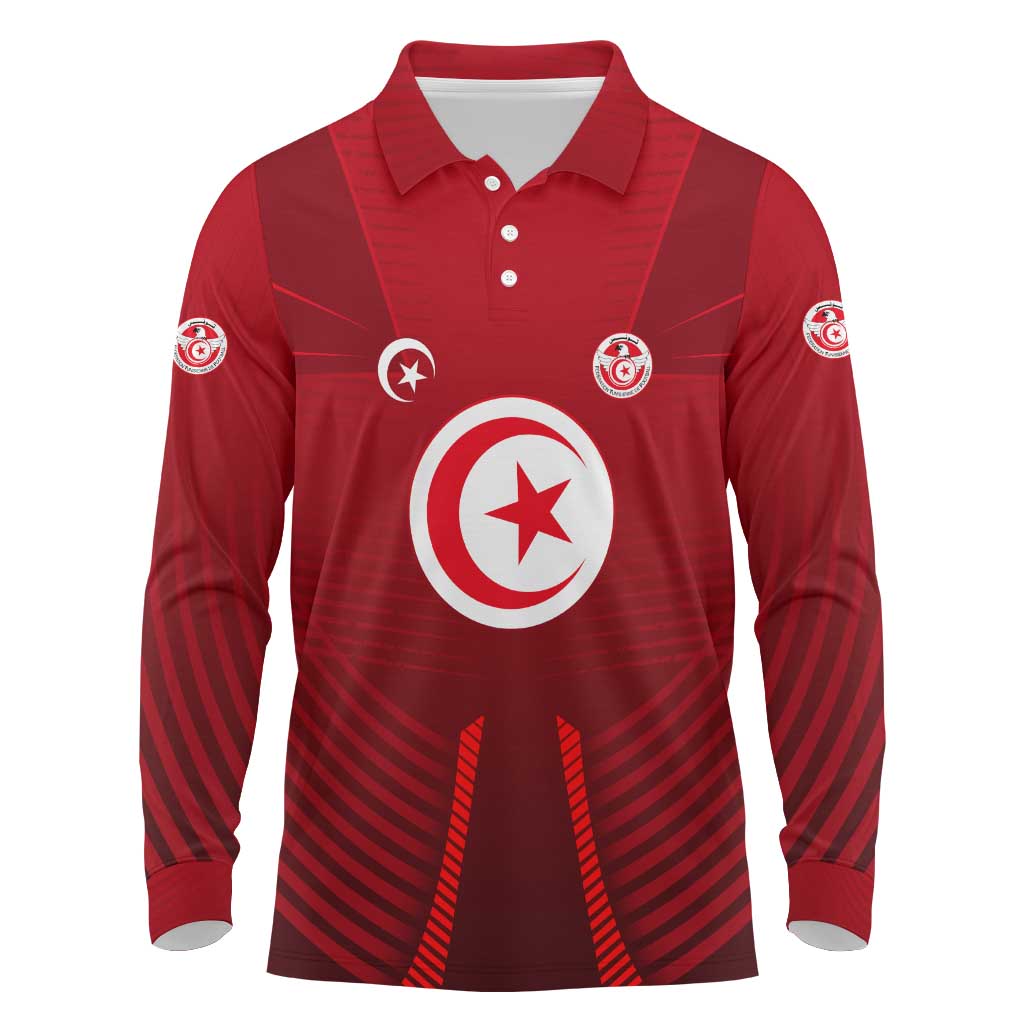 Tunisia National Flag Long Sleeve Polo Shirt with Crescent Star Emblem and Red Sport Design