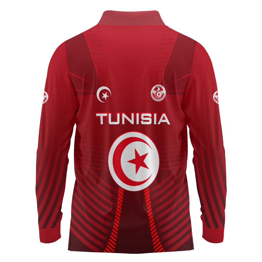 Tunisia National Flag Long Sleeve Polo Shirt with Crescent Star Emblem and Red Sport Design