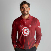Tunisia National Flag Long Sleeve Polo Shirt with Crescent Star Emblem and Red Sport Design