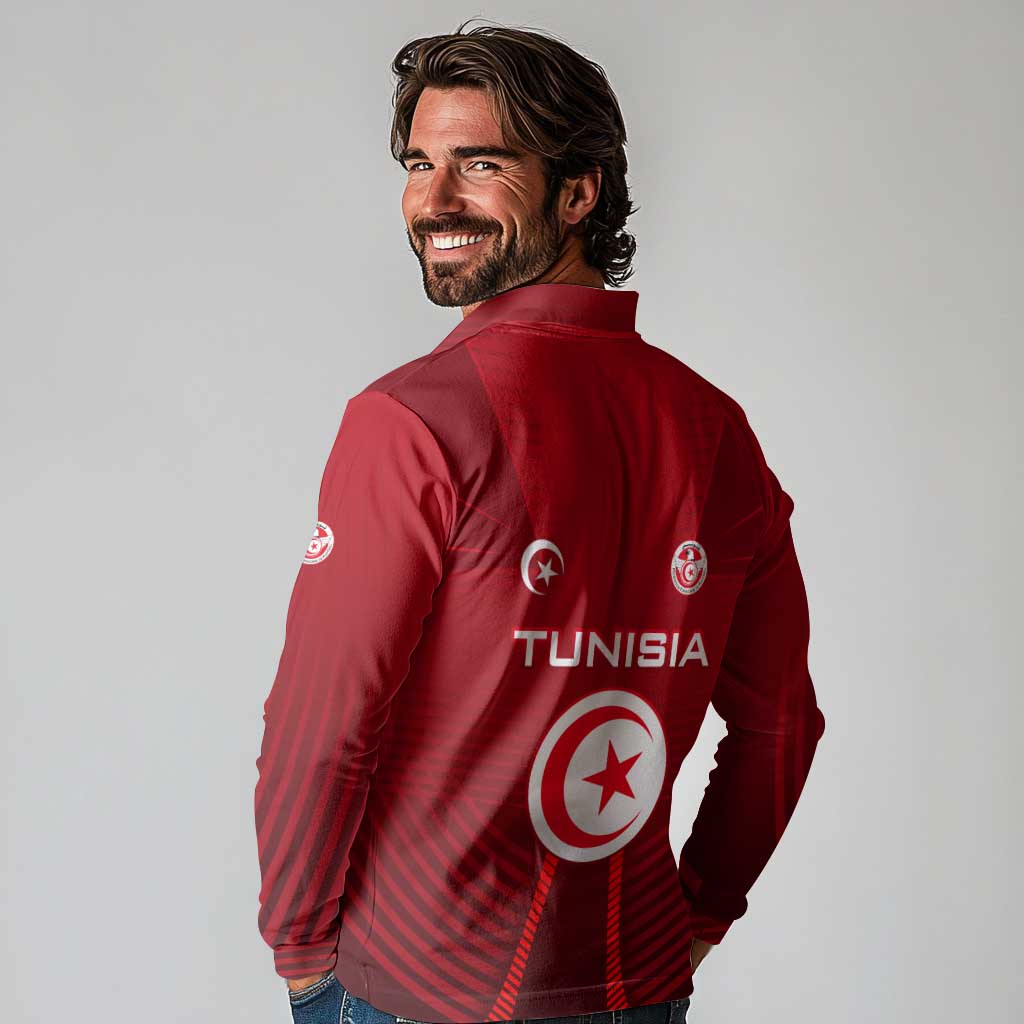 Tunisia National Flag Long Sleeve Polo Shirt with Crescent Star Emblem and Red Sport Design