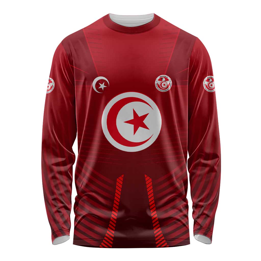 Tunisia National Flag Long Sleeve Shirt with Crescent Star Emblem and Red Sport Design