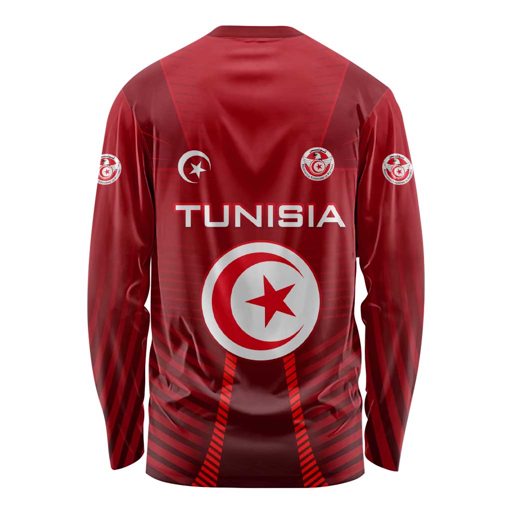 Tunisia National Flag Long Sleeve Shirt with Crescent Star Emblem and Red Sport Design