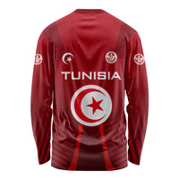 Tunisia National Flag Long Sleeve Shirt with Crescent Star Emblem and Red Sport Design