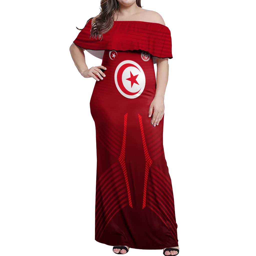 Tunisia National Flag Off Shoulder Maxi Dress with Crescent Star Emblem and Red Sport Design