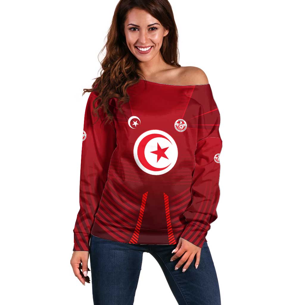 Tunisia National Flag Off Shoulder Sweater with Crescent Star Emblem and Red Sport Design