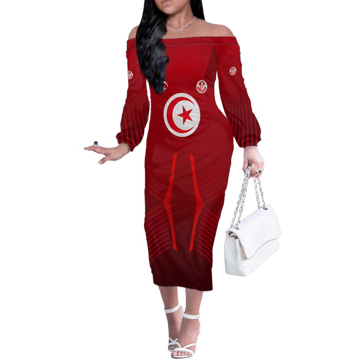 Tunisia National Flag Off The Shoulder Long Sleeve Dress with Crescent Star Emblem and Red Sport Design