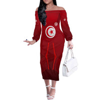 Tunisia National Flag Off The Shoulder Long Sleeve Dress with Crescent Star Emblem and Red Sport Design