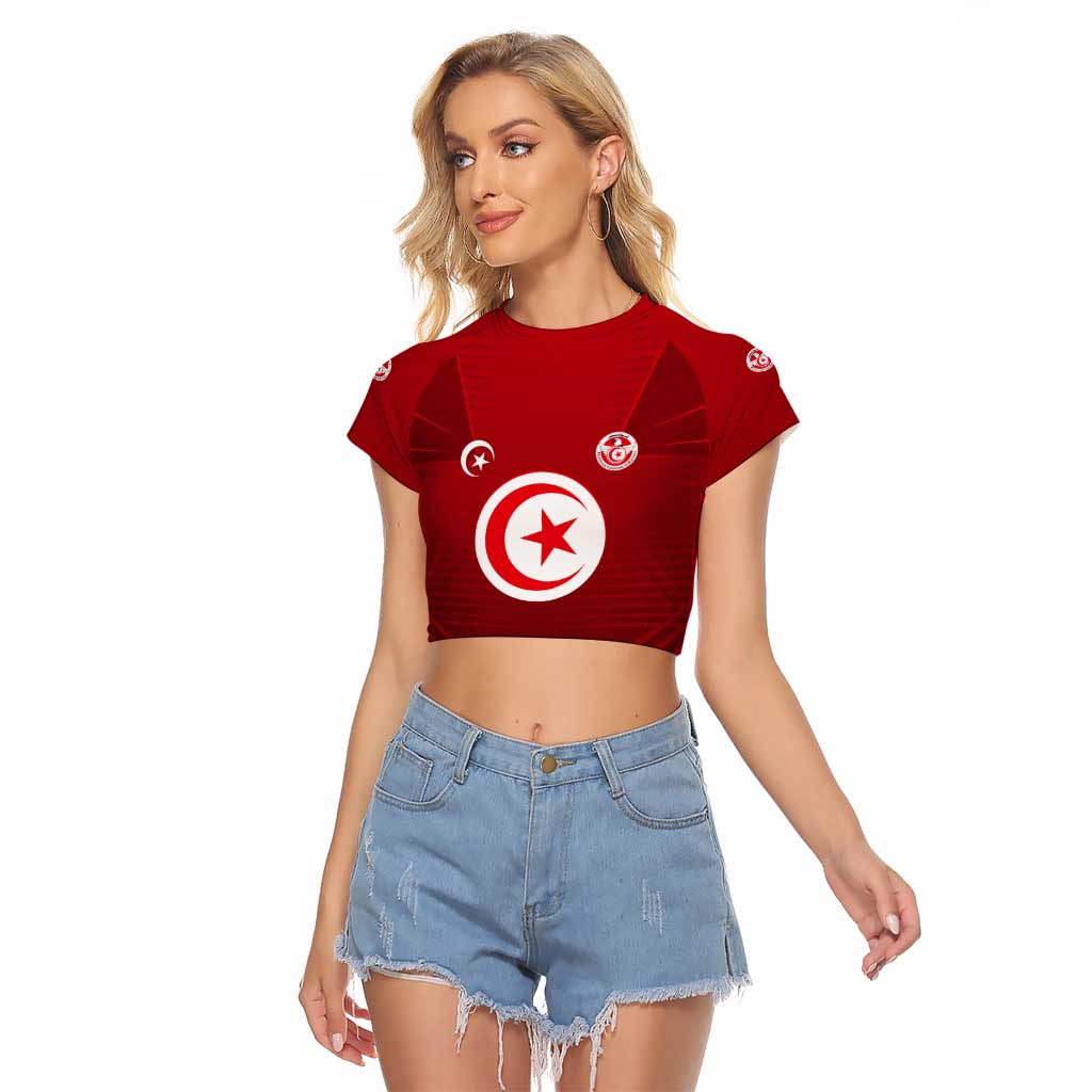 Tunisia National Flag Raglan Cropped T Shirt with Crescent Star Emblem and Red Sport Design